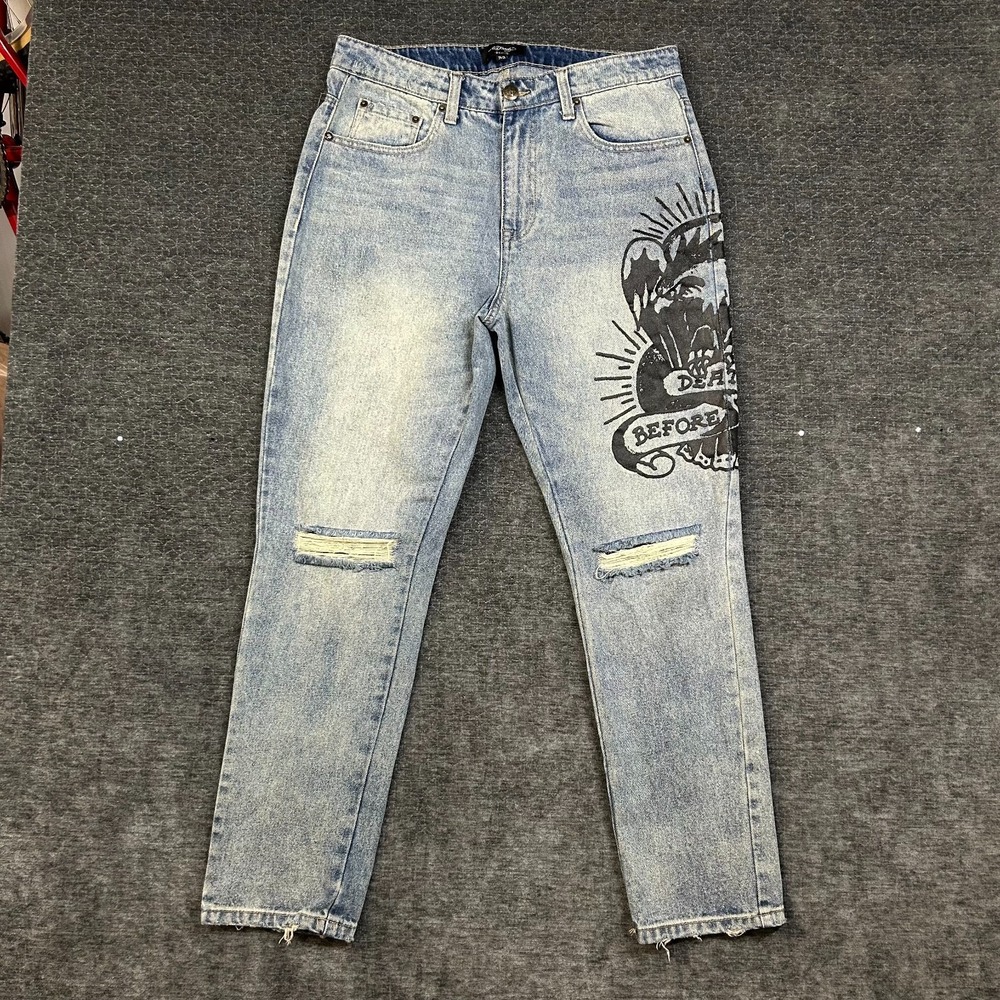 Ed Hardy Eagle Slim Taper Jeans Light Vintage Denim Tattoo Graphic Distressed 32
